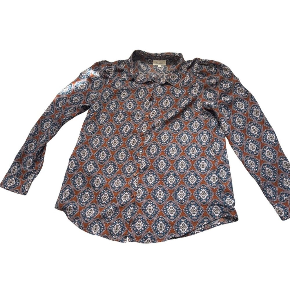 Bohme Womens Size S Long Sleeve Button-Down Shirt  Geometric Print Blue & Rust